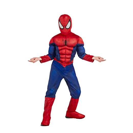 RUBIES SPIDER-MAN - Marvel oficial - Disfraz infantil de lujo Spider-Man. Tamaño 7-8 años. Traje con combinación de músculos acolchados + capucha de velcro + cubrebotas integradas