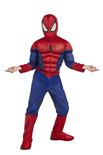 RUBIE'S SPIDER-MAN - Marvel officiel - Déguisement pour enfant de luxe Spider-Man. Taille 7-8 ans. Costume avec combinaison aux muscles rembourrés + cagoule attache velcro + couvre-bottes intégrés