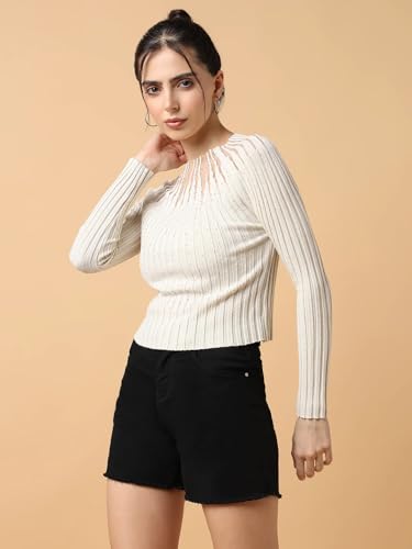 Image of ICW Women Knitted Rhinestone Embellised Daimond Studded Mesh Round Neck Long Sleeve Crop Top T-Shirt 206