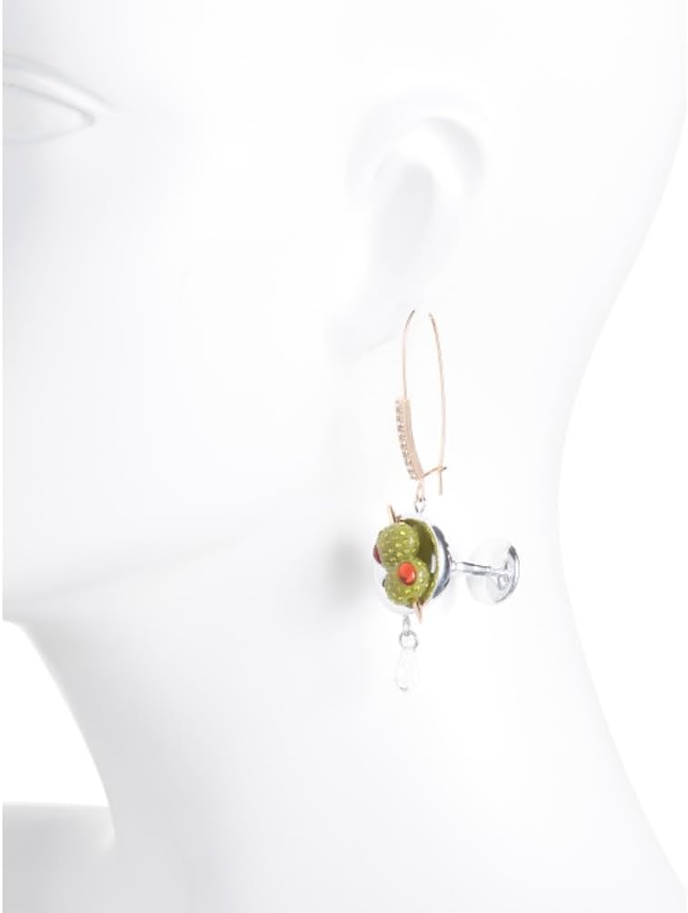Betsey Johnson Green Olive Martini Glass Drop Earrings with Crystal Accents, Silver-Tone Hook Closure