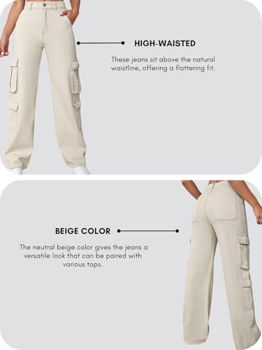 Image of GRECIILOOKS Cargo Jeans for Women - Wide Leg High Waist Baggy Denim Pants | Casual Fit Trousers with Utility Pocket Design