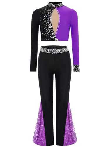 Girls Glitter Rhinestone Crop Top and Bell Bottom Pants Athletic Gymnastics Workout Jazz Dance Outfit
