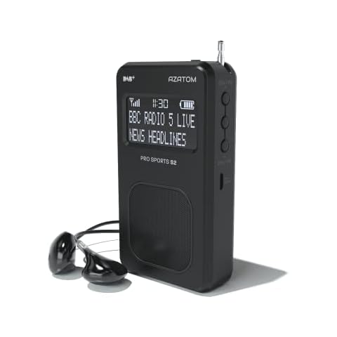 AZATOM Pro Sports S2 DAB Digital Portable FM Radio DAB DAB+ & FM - Built-in Rechargable Battery (Upto 20 Hours Playtime) - Compact - Built-in Speaker - Earphones included (S2 Black) Cover
