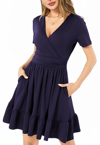 Image of Women's Fashion Summer Causal Short Sleeve Dress V Neck Beach Party Dresses with Pockets