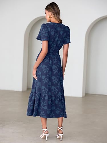 Image of Simplee Womens Summer Boho Maxi Dress Semi Formal Wedding Guest Short Sleeve V Neck Empire Waist Floral Long Dresses
