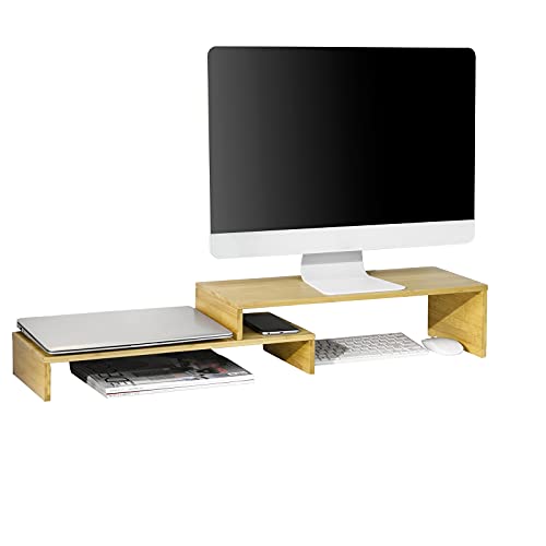 SoBuy BBF07-N Design Monitorerhöhung für 2 Monitore Monitorständer Bildschirmständer Notebookständer Schreibtischaufsatz breitenverstellbar Bambus BHT ca.: 52-104x15x22cm