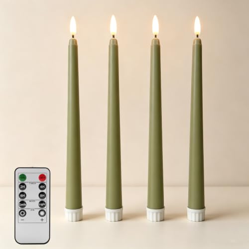Image of Olive Green Flameless Taper Candles with Remote Timer Set of 4
