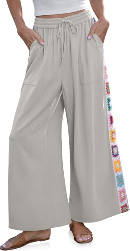 Image of TARSE Womens Wide Leg Linen Pants Summer Casual Drawstring Loose Lounge Palazzo Crochet Panel Pant with Pocket