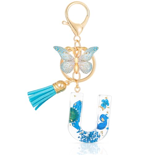 MWOOT Letter Keychain Llaveros Inicial Resina,Pétalos de Alfabeto Lámina de Oro Keyring con Mariposa Borla Colgante,Azul Moda Llavero Encanto para Mujeres Chicas Monedero Bolsos Colgante (U)