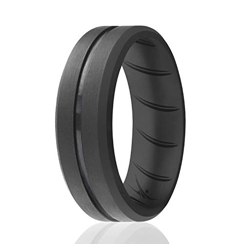 ROQ Silicone Rings, Breathable Silicone Rubber Wedding Ring Band for Men with Comfort-Fit Design, 8mm Engraved Middle Line, Single, Silicone Wedding Ring - Grey Color - Size 10