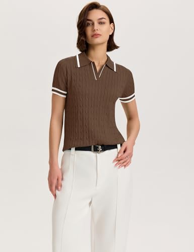 Image of Micoson Womens Short Sleeve Sweater Tops Lapel V Neck Polo Shirts 2026 Summer Cable Knit Loose Blouse Business Casual Outfits