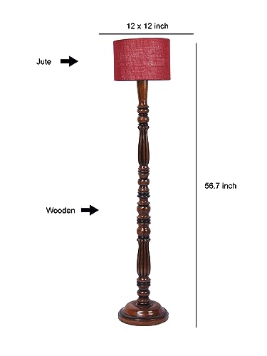 Image of Jute Modern Floor Lamp with Wooden Base - Height 56 Inches | Modern & Fashionable Standing Lamp for Living Room, Bedroom & Office | Stylish Home Decor Lighting in Elegant Maroon Shade
