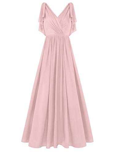 Freebily Dame Femme Robe de Demoiselle d'honneur Mariage Longue Robe Moulante Soirée Cocktail Mousseline Taille Haute Vintage Robe Sexy Col V Classique 34-48 Rose poussiéreux 46