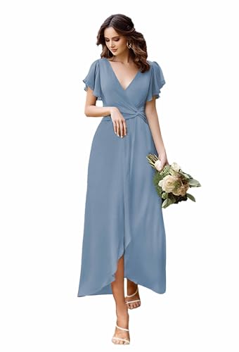 MAGGCIF Short Sleeve Bridesmaid Dresses for Women with Slit A Line Ruffle Chiffon Long Formal Evening Party Gown