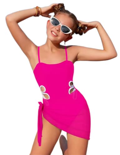 Girls Swimsuit Kids Adjustable Straps Cut Out One Piece Summer Bathing Suit with Mesh Sheer Cover Up Skirt Girl's Swimsuit