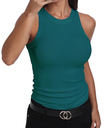 GEMBERA Womens Sleeveless Racerback High Neck Basic Ribbed Knit Fitted Tank Top,Teal,L