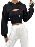 GORGLITTER Women's Drawstring Hoodie Super Crop Top Long Sleeve Drop Shoulder Pullover Sweatshirts Black Medium
