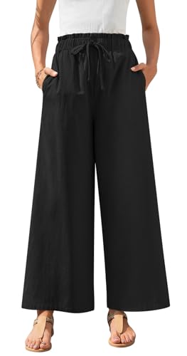 Anyally Women's Linen Summer Palazzo Pants Casual Flowy Wide Leg Drawstring High Waist Beach Trousers with Pockets
