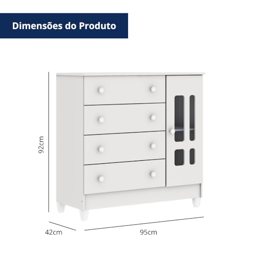 Cômoda Infantil 4 Gavetas com Fraldário Ariel Branco Brilho Carolina Baby
