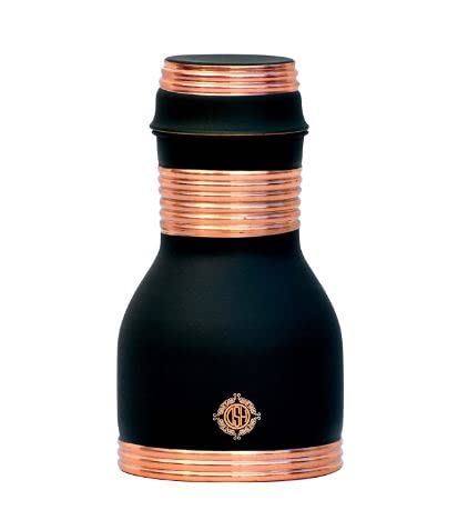 Copper Bedroom Bottle Bedside Carafe with Inbuilt Glass Storage & Serving Water for Ayurveda Health Benefits. (Charlie-BLK)