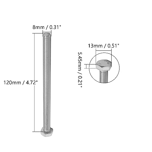 Image of Bettomshin 10Pcs M8 x 120mm Hex Bolts, 304 Stainless Steel 1.25mm Thread Pitch Fully Threaded Metric Hex Head Screw Bolts, Hexagon Screw Bolt, Hex Tap Bolts, Silver (Overall Size 125.45x13x13mm)