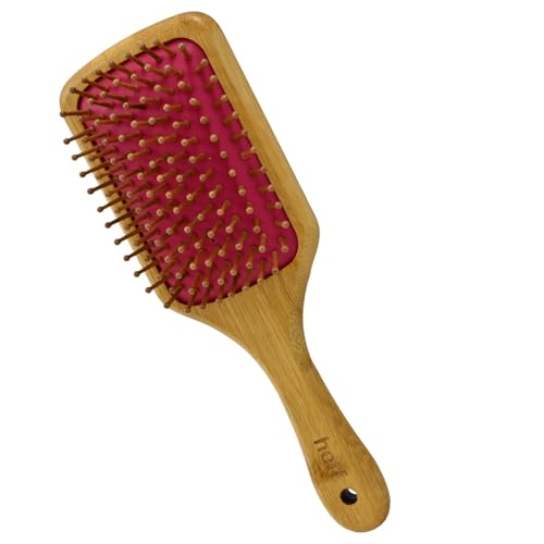 Image of Heff Bamboo Hair Brush, Dark Pink, Wooden Bristles Paddle Brush, 9.5 Inches x 3.3 Inches