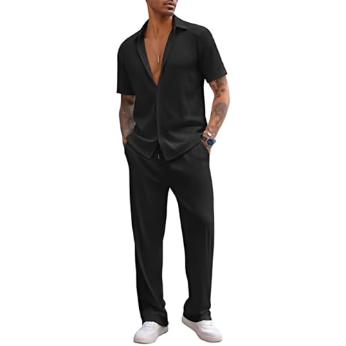 Men's Casual Outfits Button Down Short Sleeve Shirt & Elastic Waist Pants 2pcs Loose Set