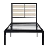 FetiNes Bettgestell 90 x 190 Bettrahmen Mit Lattenrost, Metallbett Gästebett Jugendbett mit Holz Kopfteil für Schlafzimmer Gästezimmer, Schwarz