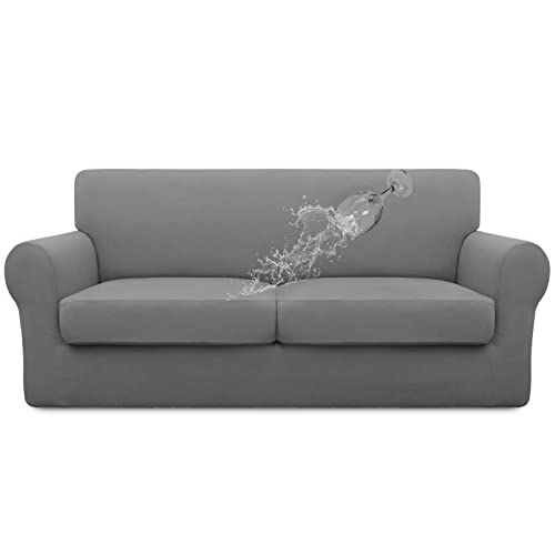 Image of Easy-Going Waterproof 3-Piece Oversized Loveseat Couch Covers for Sofa | 3-Piece Set Spandex Sofa Cover Slipcover Elastic Bottom Dog Pet Friendly Light Gray