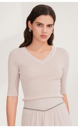 ​Women's Biella Merino V-Neck Sweater | 12-Gauge Half Sleeve Color-Block Lightweight Transitional Pullover, BD45212172