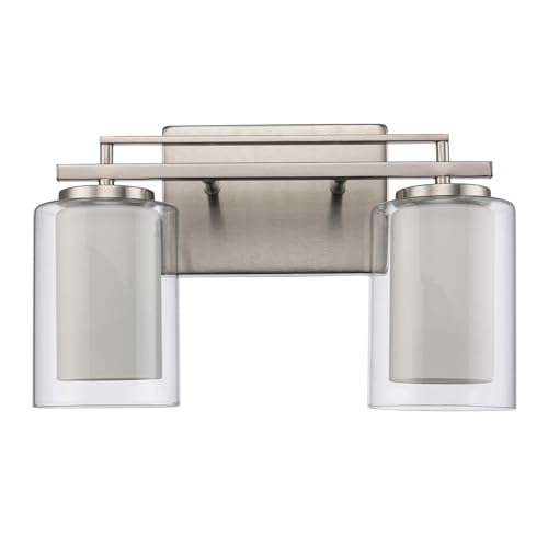 Image of TRANS GLOBE 22482 BN I Lisbon Collection 14 Inch Two-Light Bathroom Vanity - in a Brushed Nickel Finish | Metal Housing I Clear & Frosted Shades I Modern Contemporary Light Fixture |
