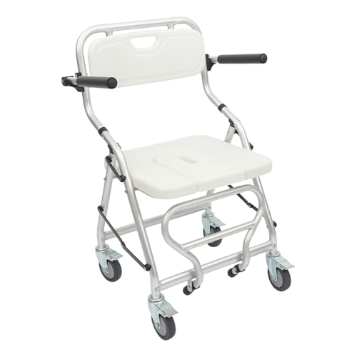 Klappbar Duschstuhl mit Rollen, Duschhocker für Senioren mit Rollen Wasserdichter und Rutschfester, Weiß Duschstuhl für Senioren Werkzeugfreie Montage,Tragfähigkeit 150KG