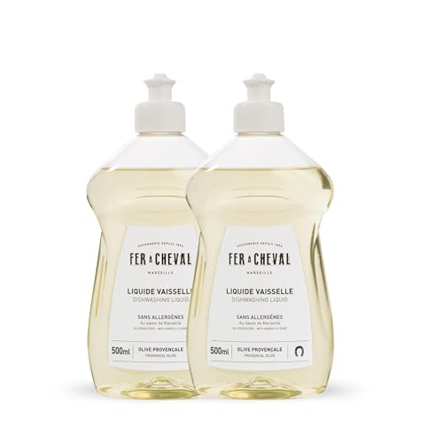 Image of Fer a Cheval Marseille Dishwashing Soap, Allergen Free, Olive Oil Based, Made in France, Liquid Dish Soap, 2 Pack, 500 ml / 16.9 fl oz Each