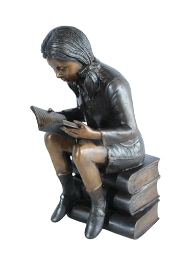 Estatua de bronce niña leyendo sobre libros 15 in H