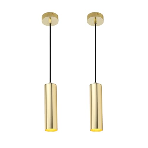 Alpinaluz Lámpara Colgante Tubular de Aluminio para Techo, Diseño Moderno y Minimalista de 20 cm con Casquillo GU10 y Cable Textil de 120 cm (Pack de 2 Dorado)