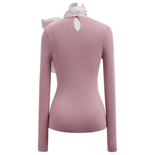 Image of CHICWISH Women Organza Bowknot Neck Knit Top Long Sleeve Elegant Slim Fitted Fall Casual Solid Pullover Tops