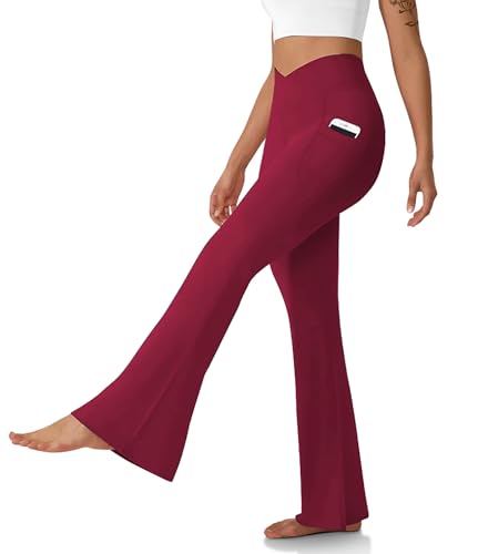 DLOODA Women's Flare Leggings with Pockets Crossover High Waisted Bootcut Yoga Pants Tummy Control Bell Bottom Leggings Burgundy 1L