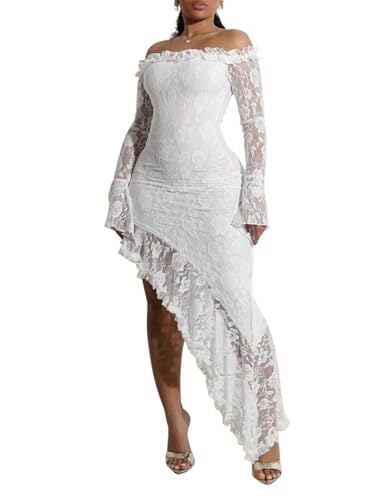 AWASIR Womens Elegant Lace Mesh Long Sleeve Maxi Dress Party