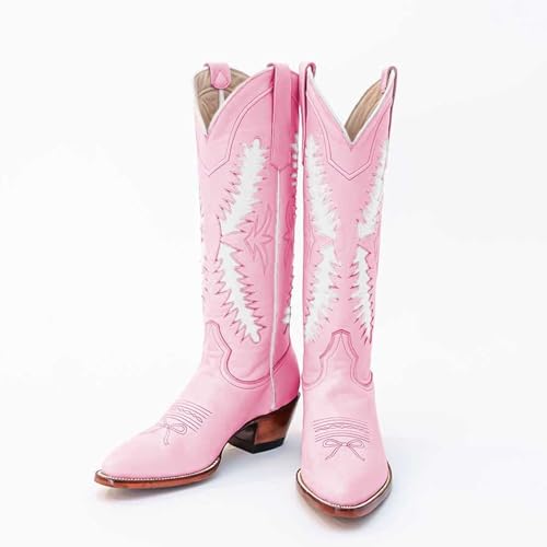 Women's Fashion Embroidered Cowboy Boots, Almond Toe Chunky Heel Pull On with Tree Leaf inlay Knee High Boots 5