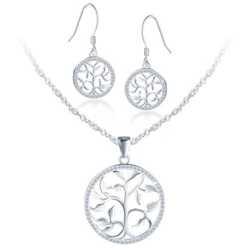 Plata de ley 925 árbol de la vida juego de joyas con collar y pendientes de mujer