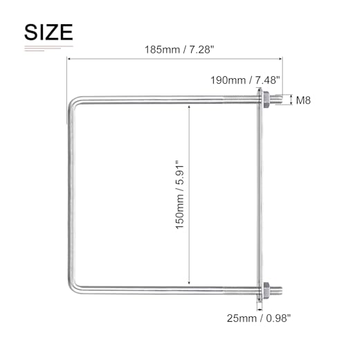 Image of DTGN M8x150x185mm(ThreadxWxL) Square U Bolt - 2Pack - Good for Trailer Pipe Replacement Parts - 304 Stainless Steel U Shape Bolts