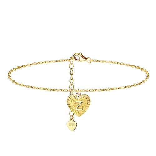 Tobillera boho de oro de 18 quilates con colgante de corazón y letras para mujer