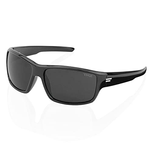 Image of TOROE Eyewear FIELD Wrap Around Sport Sunglasses With Polycarbonate Polarized Lenses, Lightweight TR90 Frame (Gloss Black | White Emblem, Black (C3))