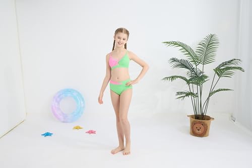 Image of Girls Swimsuit Color Block Twist Bathing Bikini Suit Adjustable Straps Girls 2 Piece Swimsuit 7-14 Years