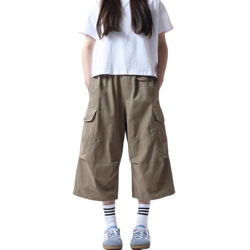 Women's Cargo Capri Pants Baggy Knee Length Long Wide Leg Button Waist Y2K Shorts Summer Casual