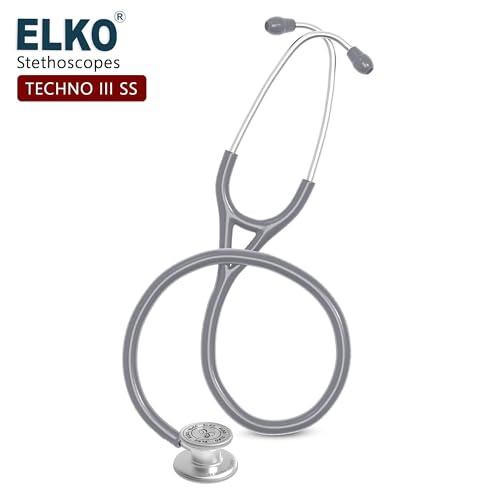 Image of ELKO TECHNO III SS Stainless Steel Stethoscope with ENGRAVING | Engrave Your Name or Initials on the Chest Piece | Lightweight Double-Sided Stainless Steel Chest piece | Two-Way PVC Tubing | Ideal for Doctors & Medical Students (Grey)