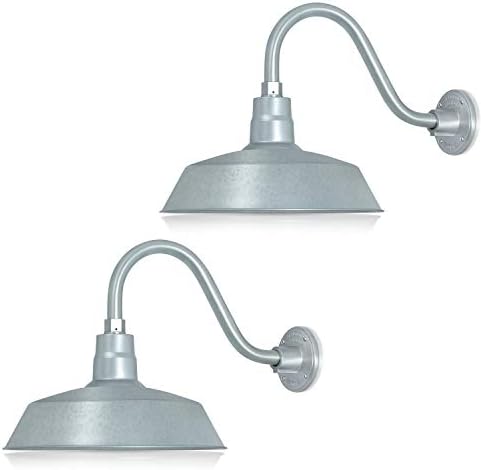 14in. Galvanized Finish Outdoor Gooseneck Barn Light Fixture With 14.5 in. Long Extension Arm - Wall Sconce Farmhouse, Antique Style - UL Listed - 9W 900lm A19 LED Bulb (5000K Cool White) - 2-Pack