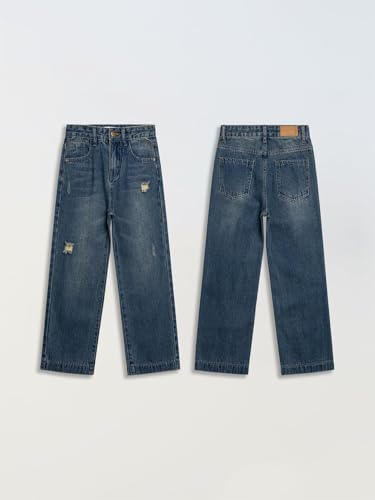 Men's Distressed Straight-Leg Denim Jeans - Classic Blue Washed Denim Pants with Ripped Details4