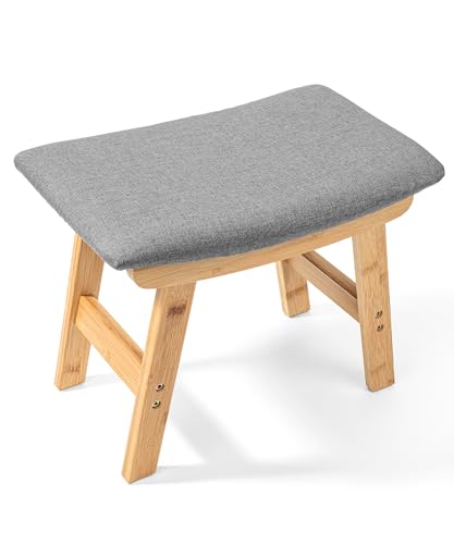 BAMBOO LAND- Bamboo Foot Stools Ottoman, Gray Cushion & Natural Wood Legs, Small Ottoman Foot Rest for Couch