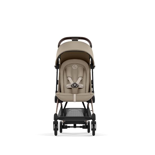Image of Cybex Coya Compact Stroller, Lightweight One-hand Fold, Travel-Friendly Pram for Newborns, Infants, and Toddlers, Age 0-4 years, Flat Recline Position, One Pull Harness, Hand Luggage Compatible, Stroller (Cozy Beige and Rosegold Frame)